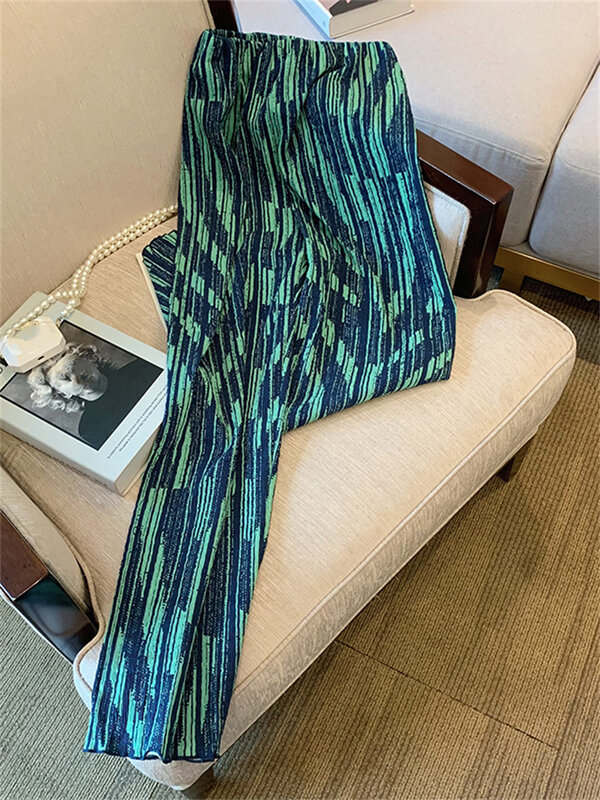 Wrinkled Texture Pattern High Waisted Wide Leg Pants Women's Summer New Design Contrast Color Thin Loose Casual Trousers Female