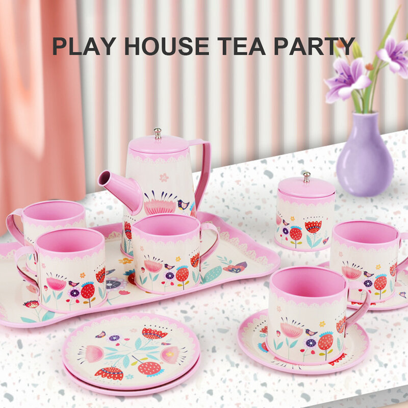 طقم شاي للأطفال للفتيات الصغيرات علبة شاي القصدير الوردي طقم إبريق الشاي أكواب شاي أطباق أطباق صينية تقديم هدايا الأميرة اللعب