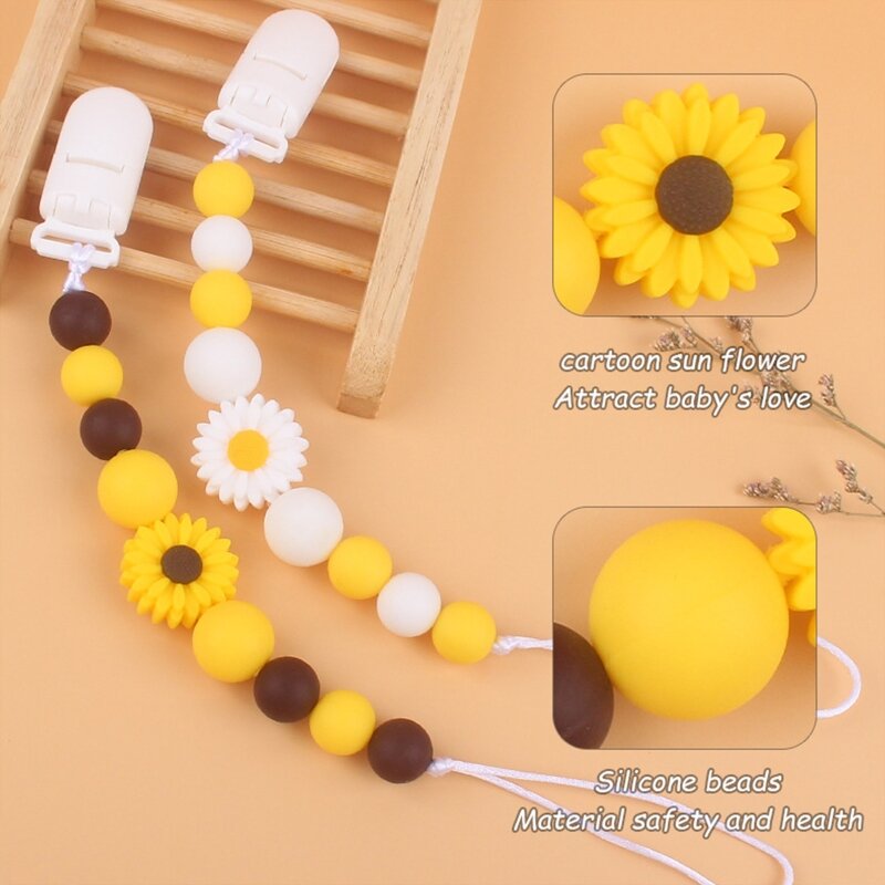 Beads Pacifier Holder with Clip Cartoon Flower Teething Toys Modern Unisex Baby Shower Birthdays Christmas Gifts