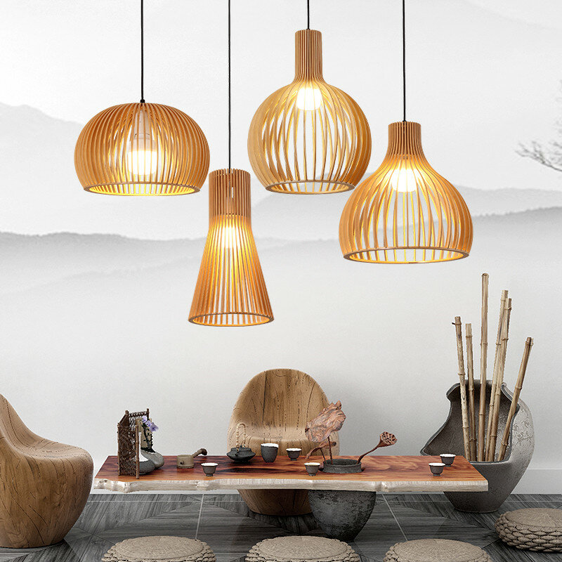 صناعة يدوية خشبية قفص العصافير قلادة مصباح هولندا ديكور المنزل E27 قلادة ضوء إضاءة داخلية لشريط غرفة الطعام