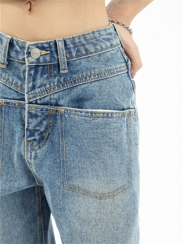 الخصر خياطة تصميم مستقيم الجينز المرأة الربيع الرجعية الهيب هوب رقيقة التطهير محايد السراويل الإناث جيب كبير الدنيم السراويل