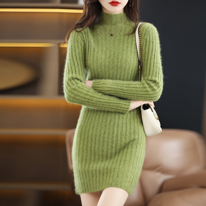 سترة المرأة الخريف الشتاء فستان المنك الصوف نصف عالية الرقبة سليم صالح متوسطة طويلة البلوز الكورية موضة كم طويل تريكو