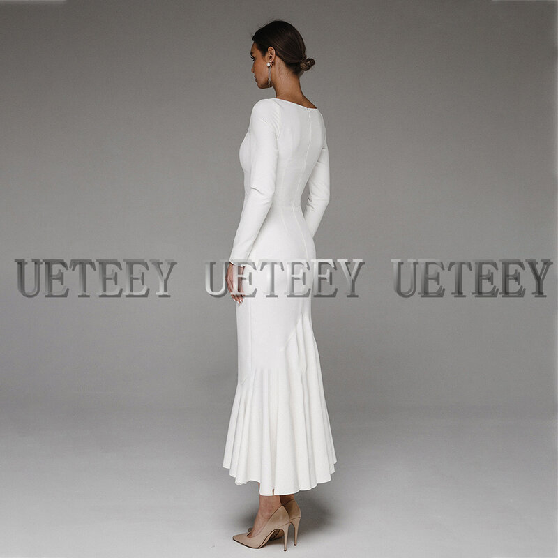 فستان زفاف أنيق من UETEEY برقبة مربعة وأكمام طويلة وسحّاب خلفي 2022 فستان عروس من الجيرسيه على شكل حرف a مصنوع حسب الطلب
