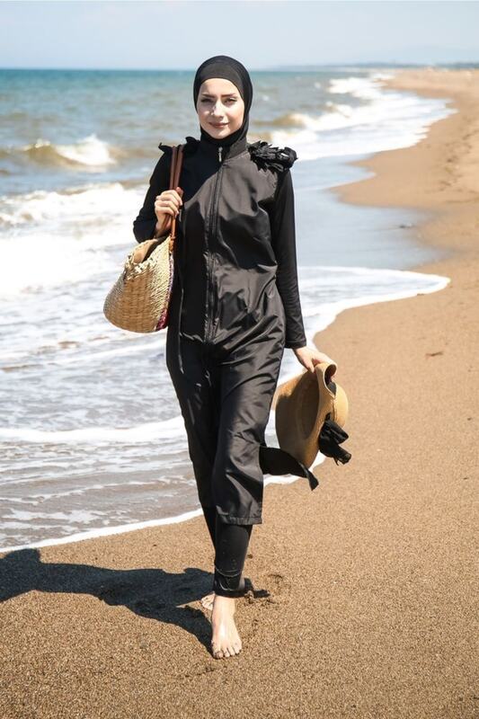 لوراك ملابس سباحة حجاب للنساء بتصميم مفصّل أكتاف باللون الأسود M2029 ملابس سباحة مسلمة للسيدات