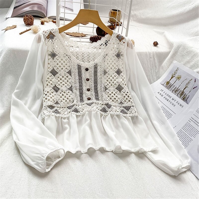 Women's Chiffon Blouse Tops Retro Long Sleeves Shirt Exquisite Hollow Crochet Shirt Tops Loose Patchwork Chiffon Shirts