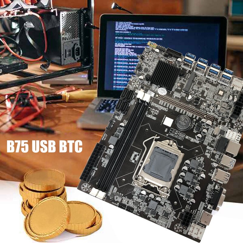 لوحة رئيسية للتعدين B75 BTC + وحدة المعالجة المركزية G1610 + كابل SATA + كابل التبديل LGA1155 8 * PCIE إلى USB DDR3 B75 USB BTC لوحة رئيسية للتعدين