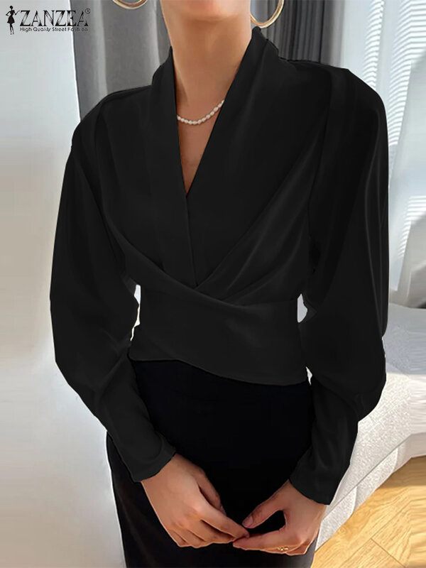 ZANZEA-بلوزة طويلة الأكمام على شكل حرف v للنساء ، بلوزات قصيرة بخصر ، قمصان ملفوفة ، قمصان غير منتظمة ، موضة أنيقة ، جديد ، 2023