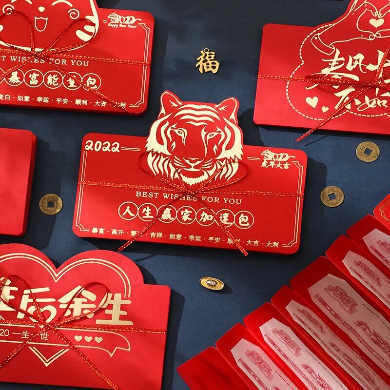1Pc Tri-folding Greeting Cards Spring Festival Gift Decor Chinese New Year Hongbao 2022 Year of Tiger Money Packet Red Envelope