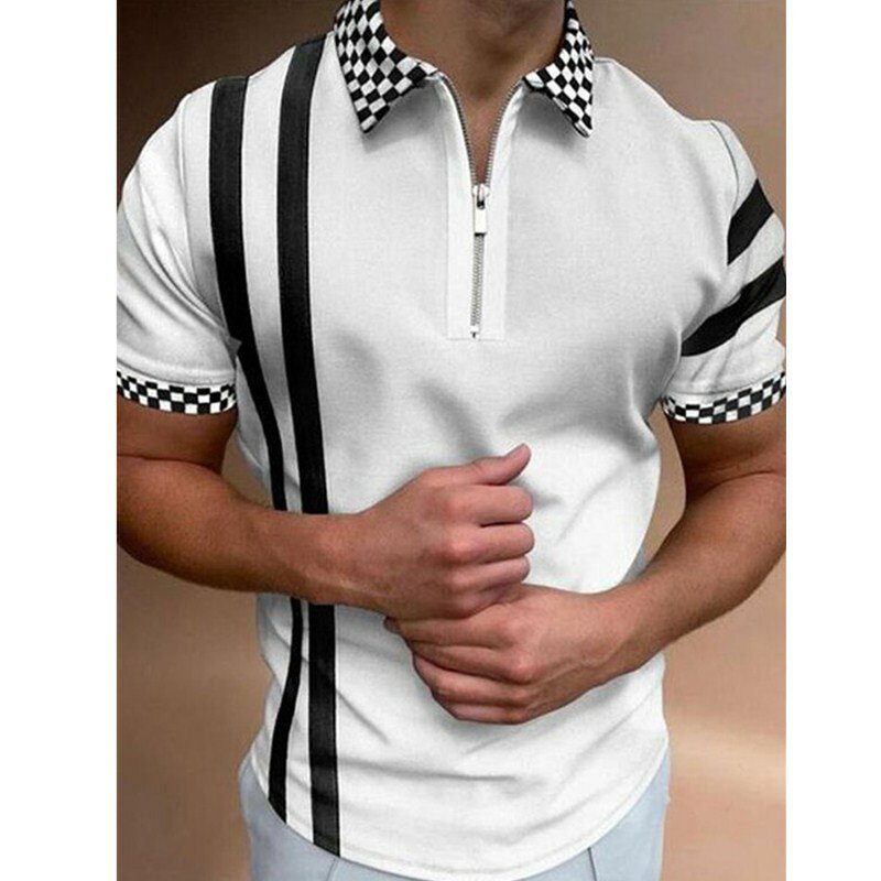2022 جديد الرجال قمصان بولو الصيف جودة عالية طباعة موضة عادية اليومية قصيرة الأكمام مخطط ترتيب الأسرة طوق سحابات قمصان رجالي