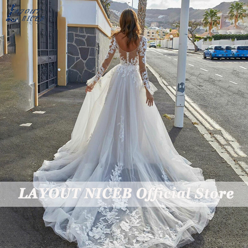 تخطيط NICEB فساتين زفاف عميقة الخامس الرقبة الدانتيل يزين طويلة مضيئة الأكمام فستان الزفاف الفاخرة Vestido De Novia مخصص