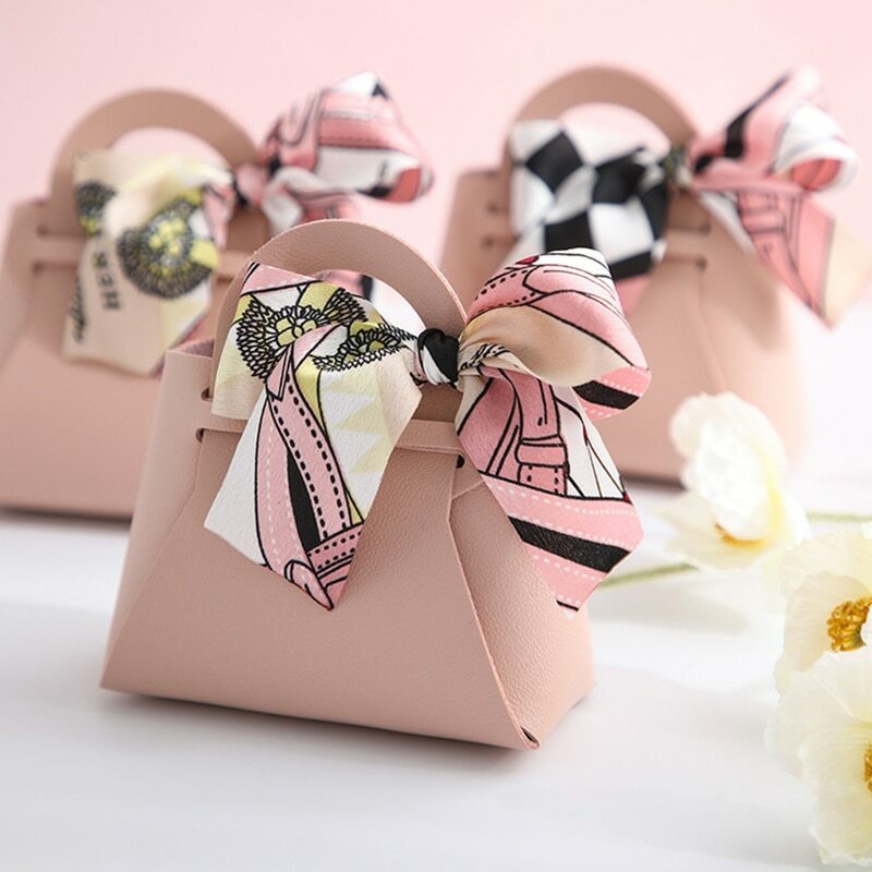 5Pcs Ribbon Leather Candy Bag Gifts Box Wedding Candy Chocolate Packaging Boxes Mini Handbag Birthday Party Favors Bag