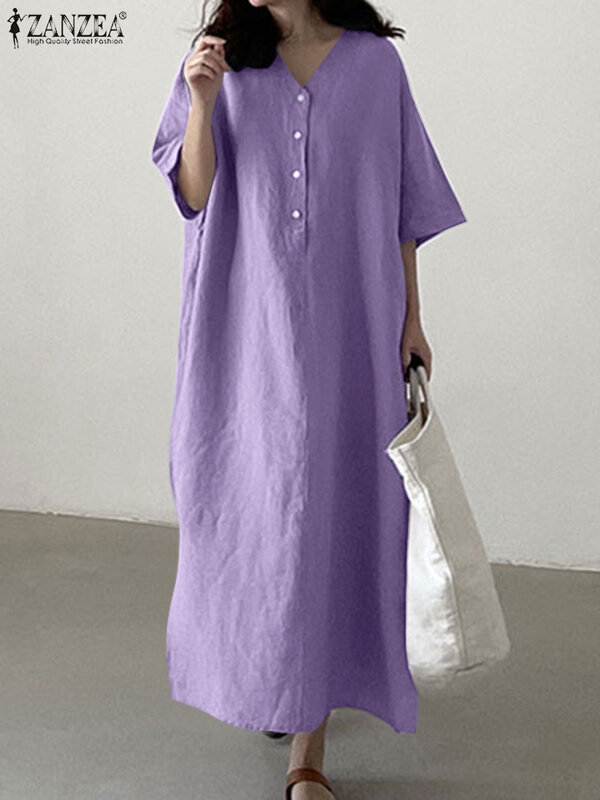 فستان صيفي طويل من القطن بتصميم غير رسمي من موديلات عام 2022 من ZANZEA فساتين نسائية طويلة بفتحة رقبة على شكل V فستان نسائي فضفاض بأكمام قصيرة