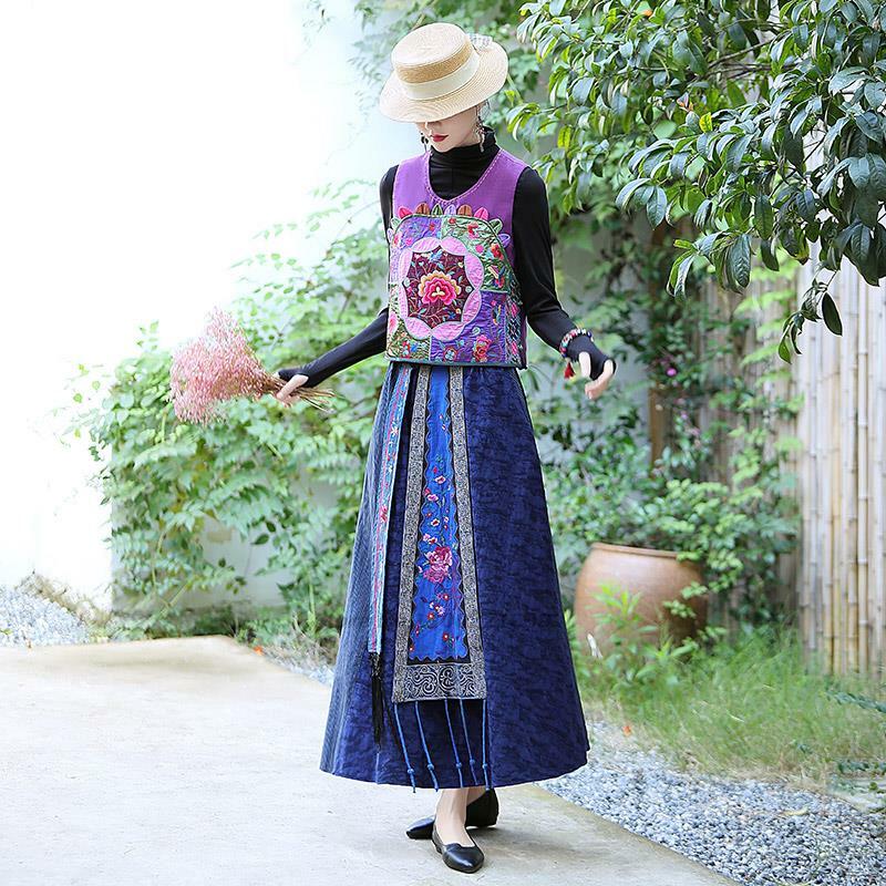 2022 traditional cotton linen tassel patchwork women retro skirts vintage flower embroidery elastic waist chinese national skirt