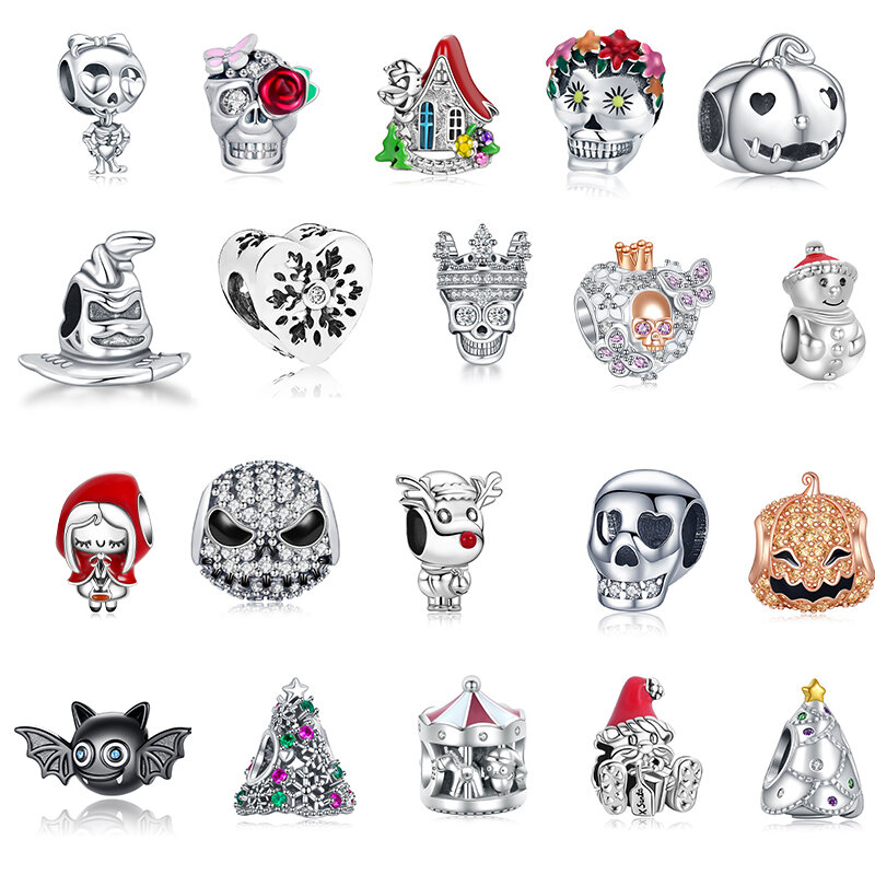 Erizteya Halloween Skull Beads Charms With Flower Silver Plating Pumpkin Fit Original DIY Jewelry Gift Make Charm Bracelet