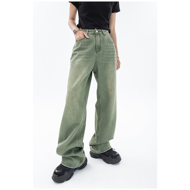 سراويل جينز عصرية للسيدات باللون الأخضر بتصميم كلاسيكي ملابس خروج عالية الخصر واسعة الأرجل من موديلات صيف Y2K فضفاض غير رسمي بنطلون جينز مستقيم