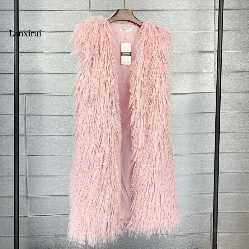 Winter New Women Long Fluffy Fashion Pink Faux Fur Vest Female Colorful artificial Sheep Fur Coat Jacket Outerwear