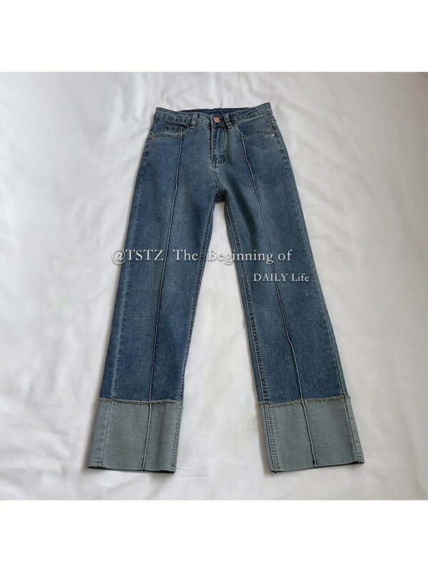 بنطلون جينز أزرق مستقيم للسيدات بخصر عتيق من Koread ملابس الشارع الشهير بنطلون دنيم أنيق غير رسمي للسيدات 2023 #4