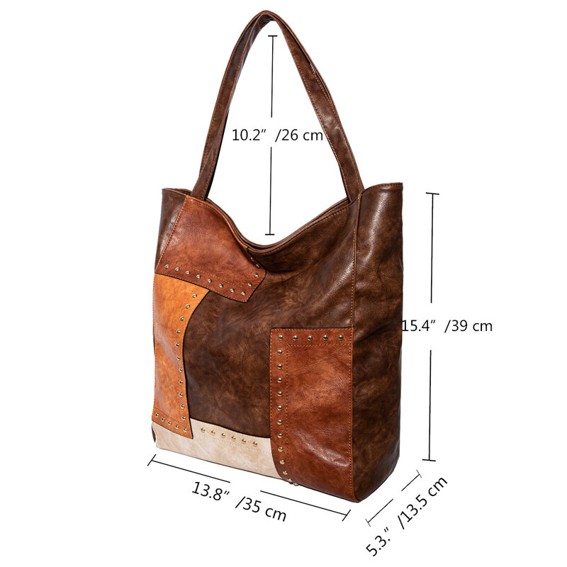 خمر حقيبة يد للنساء لينة حقيبة كتف جلدية PU سعة كبيرة 2022 الأزياء المسامير التباين اللون خياطة حقيبة تسوق