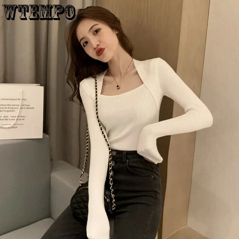 WTEMPO Square Neck Knitted Long Sleeved Shirt Slim Fitting T-shirt Women's Fake Two-piece U-shaped Top Bottoming Knitwear Winter