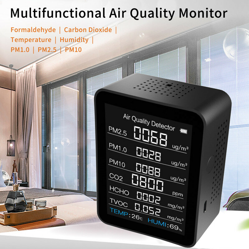 8-IN-1 CO2 Sensor Air Quality Monitor CO2 Detector Temperature Humidity Monitor PM2.5 HCHO TVOC Home Air Quality Detector