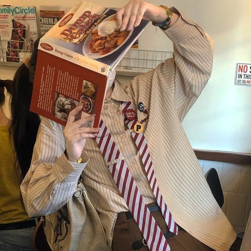 QWEEK Blouses المرأة البلوزات Harajuku المتضخم القمصان Preppy نمط التعادل شريط اليابانية الكورية موضة طويلة الأكمام بلايز الخريف