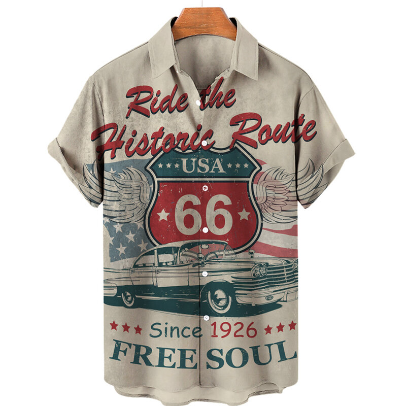 قميص على الموضة للرجال الطريق السريع 66 مطبوعة شاطئ حفلات القمم هاواي قميص الرجال الملابس المتضخم قميص اليومية عادية قصيرة الأكمام