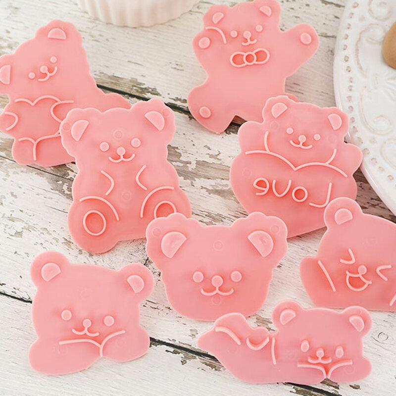 8 قطعة لطيف الدب كوكي قوالب الوردي بني الكرتون الحب القلب البسكويت ختم خبز كوكي أداة مجموعة قوالب كوكي