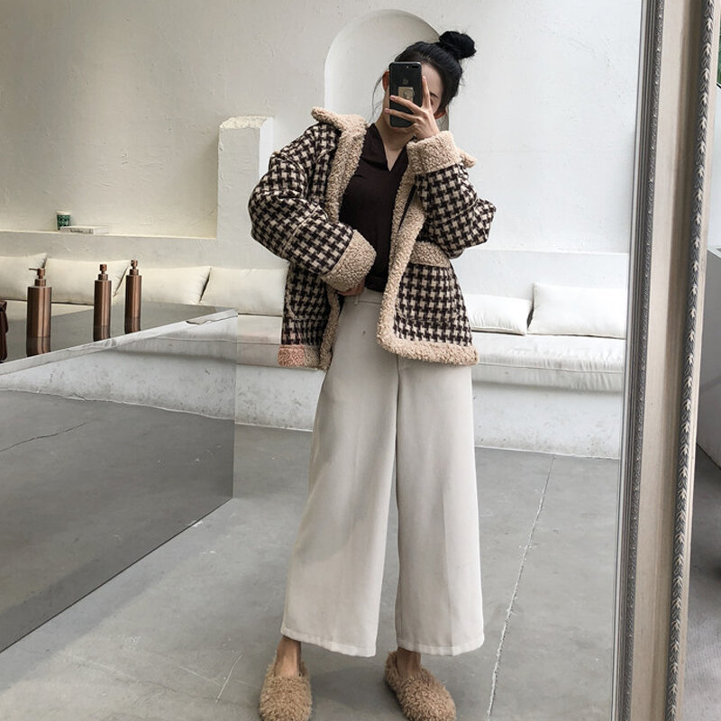 Retro Student Warm Plaid Long-sleeved Jacket Female Autumn and Winter Clothes New Style Thin Hong Kong-style Imitation Lamb Coat