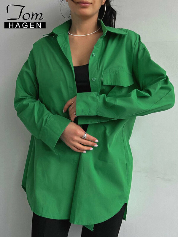 قميص نسائي قطني عتيق 100% أزرار أنيقة قمصان كبيرة الحجم مع ياقة كم طويل قميص علوي أخضر غير رسمي للنساء