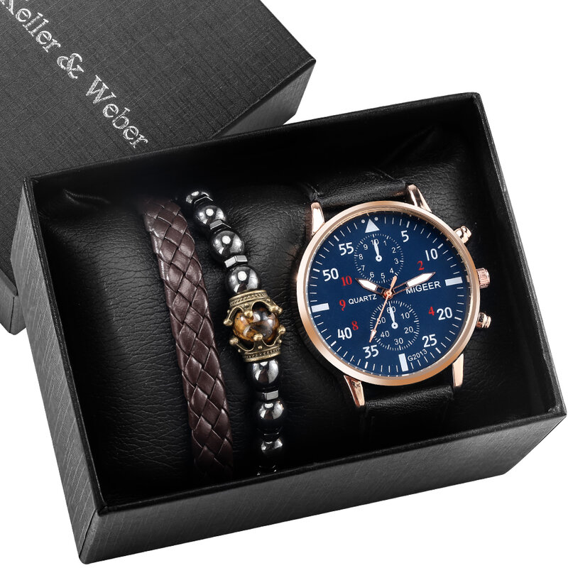 جديد 3 قطعة ساعة رجالي مجموعة شخصية سوار خمر الأزرق الطلب الكبير الترفيه كوارتز ساعة اليد هدية عيد ميلاد صندوق للزوج