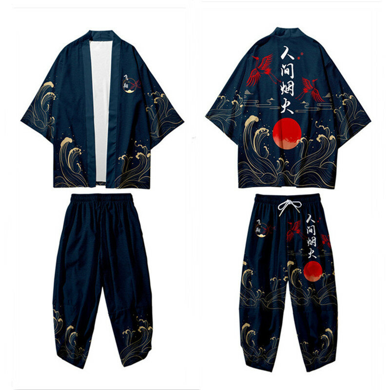 بدلة من قطعتين سترة ياباني فضفاضة كبيرة الحجم ملابس يوكاتا للنساء والرجال ملابس هاراجوكو للالعاب النارية كيمونو + سراويل