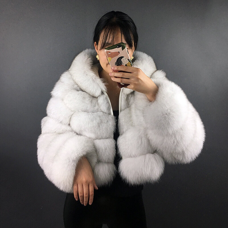Real Fox Fur Hoodie Crop Coat Women Natural Fur Jacket With Hood Zipper Winter Fashion Warm Temperament Outwears For Women
