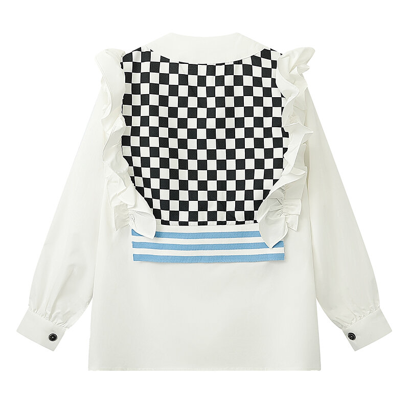 الشطرنج قميص المرأة منقوشة خياطة التباين اللون لوتس ليف الخامس الرقبة الربيع الرجعية فضفاضة الأبيض بأكمام طويلة بلوزة الإناث