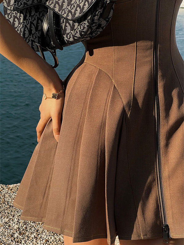 Chocolate Color Zipper Suspender Dress Summer New Retro Design Lace Sleeveless Slim A-line Corset Brown Short Skirt Female
