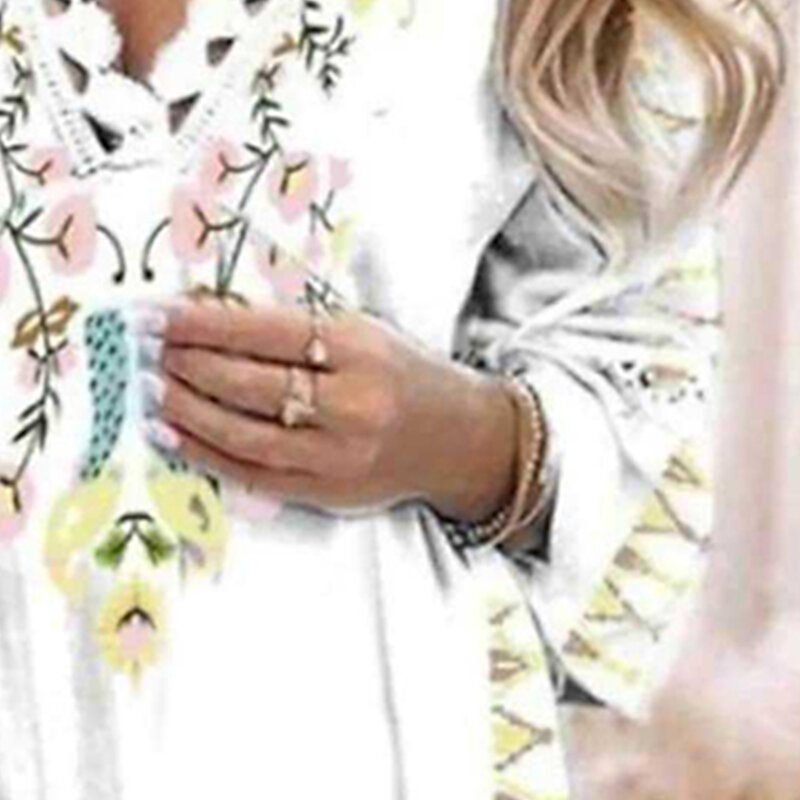 المرأة البوهيمي مثير الخامس الرقبة طباعة Ruffled الأكمام موضة الدانتيل خياطة طباعة البوهيمي فستان غير رسمي خمر الشاطئ الأبيض