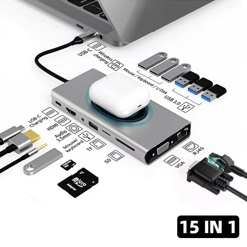 15 في 1 نوع C محور حوض محطة الإرساء USB HUB نوع C إلى HDMI متوافق لاسلكي شحن USB 3.0 محول ملحقات للكمبيوتر المحمول