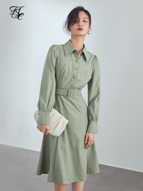 FSLE خمر الأخضر منقوشة قميص فستان المرأة نفخة كم عادية الربيع ميدي فستان مكتب السيدات حزام ضئيلة ثوب أنيق