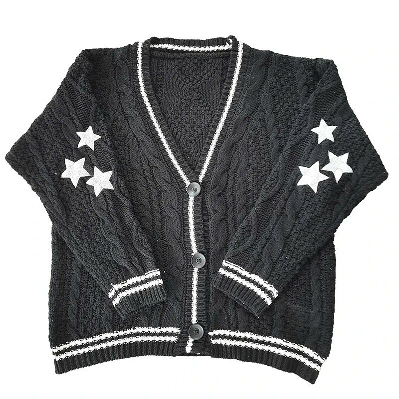 2022 Fashion Autumn Star Embroidered Sweater Cardigan Women Ins Style V-neck Single Breasted Casual Loose Knitted Sweater
