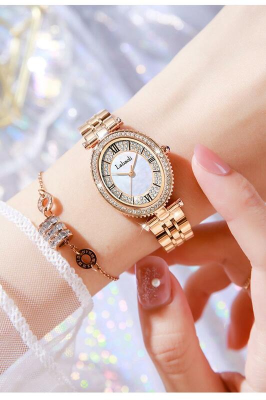 الفاخرة الكلاسيكية النساء الساعات كامل الماس ساعة مزدوجة النساء ارتفع ساعات ذهبية الفولاذ المقاوم للصدأ الكوارتز ساعات المعصم Reloj Mujer #6