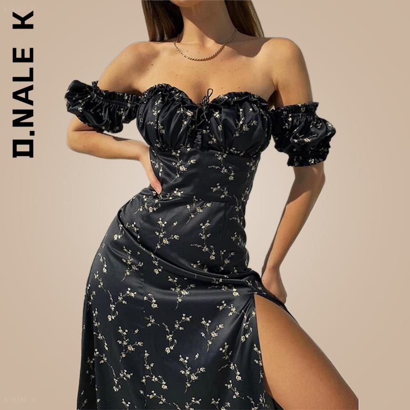D.Nale K Summer Sexy Lace Up Side Split Chic Mid-Calf Aesthetic Dress Floral Off Shoulder Puff Sleeve Maxi Dress For Woman Robe 
