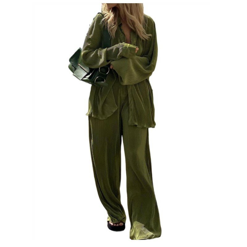 المرأة أنيقة الأخضر السراويل فضفاضة قمصان غير رسمية دعوى الخريف بلوزات بأكمام طويلة مطابقة واسعة بنطلون قطعتين بانت سيدة مجموعة