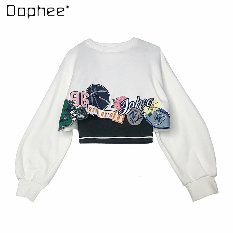 Spring New Fashion Long-Sleeved Sweater for Women Round Neck Multicolor Printing Loose All-Match Sweet Short Top for Ladies