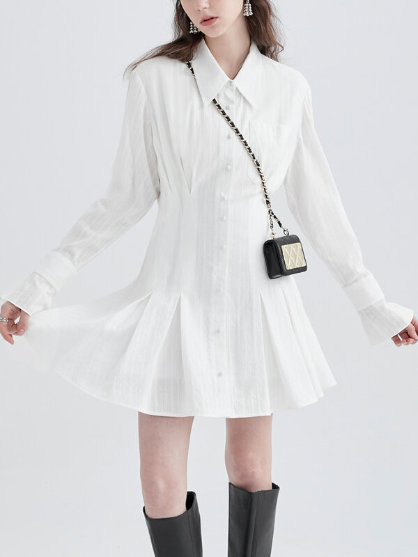 الأبيض متوهج فستان بأكمام طويلة المرأة الربيع والخريف تصميم جديد الفرنسية مزاجه الخصر ضئيلة مطوي قميص تنورة الإناث