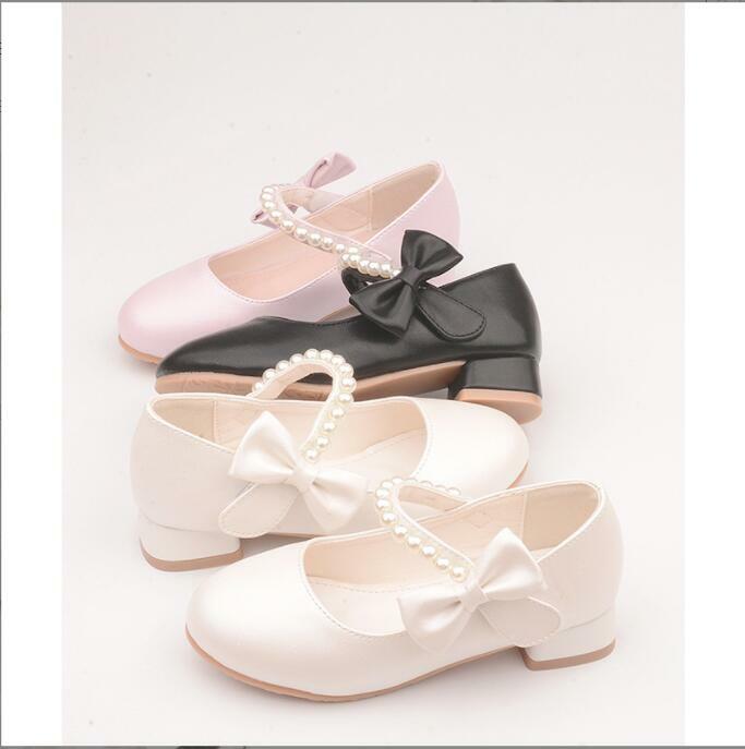 جديد الخريف الربيع الأطفال أحذية من الجلد الأبيض القوس الفتيات عالية الكعب الأميرة أحذية موضة بسيطة مثير اللؤلؤ الأحذية حجم 25-36