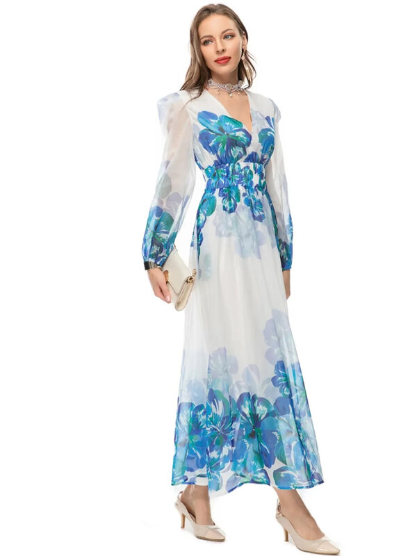 DLDENGHAN الربيع الصيف المرأة فستان طويل الخامس الرقبة فانوس كم الأزرق الزهور طباعة مرونة الخصر فساتين البوهيمي موضة جديدة