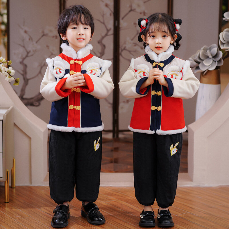 الاطفال النمط الصيني التقليدي Hanfu زي الأطفال تانغ دعوى الشتاء الفتيان الفتيات مجموعة ملابس الرقص الأسد السنة الجديدة الملابس