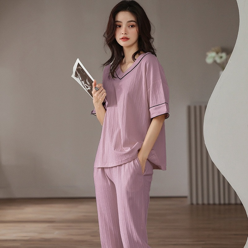 Set Woman 2 Pieces Combed Cotton Short Sleeve Trousers Pijama Loose Loungewear Summer Sleepwear Solid Color Women Pajamas  2-Pjs