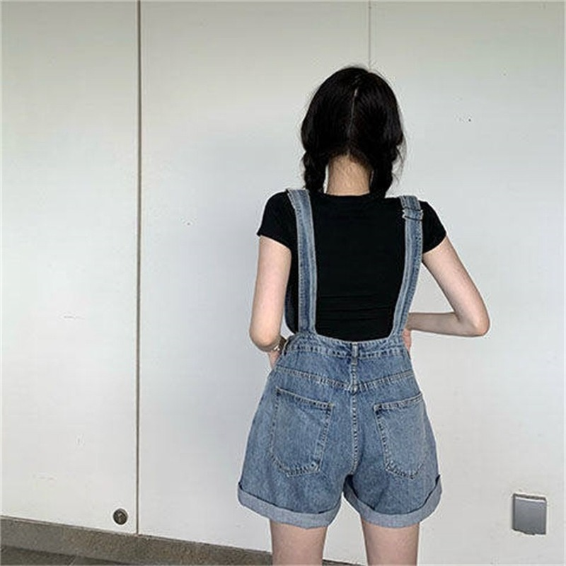 شورت جينز بذلة المرأة الكورية موضة وزرة فضفاضة عالية الخصر ملابس الصيف السروال القصير واسعة الساق مع جيوب Playsuit
