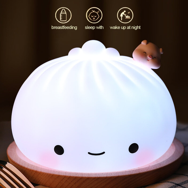 Cute Bun Tap Night Light Silicone Atmosphere Lamp Children Kids Holiday Gift Dimmable Sleeping Night Lamp 5V USB Charging
