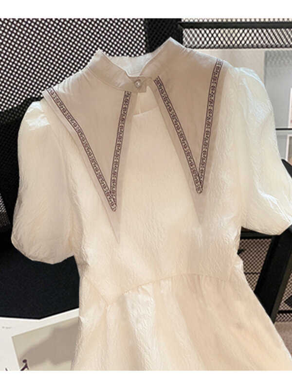 البحرية طوق فقاعة قصيرة الأكمام فستان نسيج المرأة الصيف جديد ضوء ملون الخصر رقيقة الأميرة منتصف طول تنورة الإناث